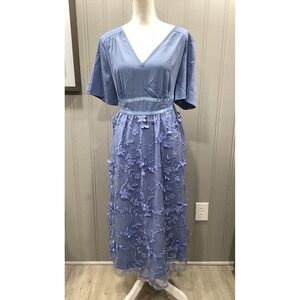 Bloomchic Blue Floral Lace Maxi Dress Women's Size 22-24 V Neck Flutter Sleeve